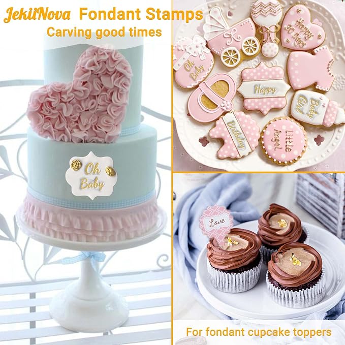 4PCS Alphabet Cake Stamps Tool with Brushes for Fondant Cookie Biscuit, Pretty Handwriting Food Grade Fondant Letter Stamp Uppercase Lowercase Numbers Words Reusable Cookie Stamp for Christmas Party