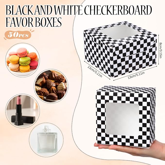 50 Pack Black White Checked Cookie Boxes with Window, 5x5x3 Top-opening Bakery Boxes for Cookie Swap, Brigadeiro, Donuts & Pastries, Small Checked Treat Box for Party Favors