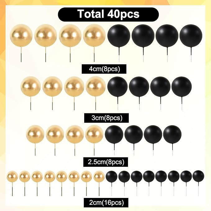 BEISHIDA 40 Pcs Ball Cake Toppers Mini Balls Cake Decorations Black Gold Foam Balls Sticks DIY Cake Topper for Congrats Grade 2026 Graduation Men Birthday New Year Retirement Party Decorations