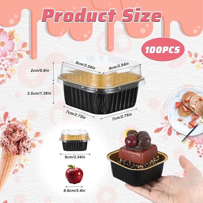 100 Pack Mini Cake Pans with Lids, 5oz Dessert Cups Aluminum Foil Mini Cupcake Cups, Square Disposable Muffin Baking Tins Dessert Containers for Christmas Wedding Birthday Winter Party