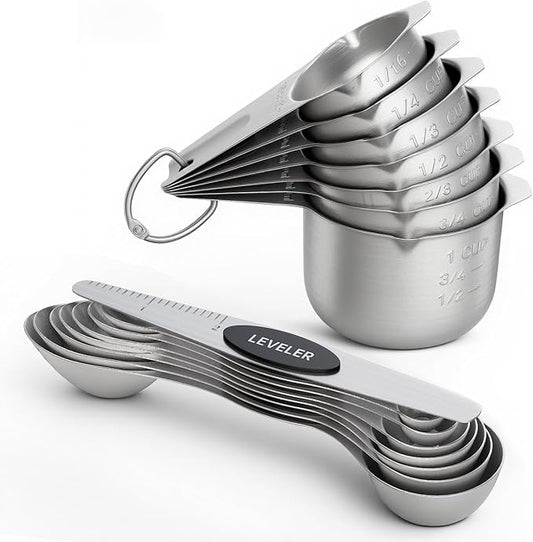 ChefAide Measuring Cups and Spoons Set, 304 Stainless Steel Measuring Cups Set of 7,8 Magnetic Stainless Steel Measuring Spoons & 1 Leveler for for Measure Dry and Liquid Ingredients