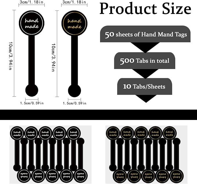 500pcs Handmade Food Baking Seal Stickers, Black Foil Self Adhesive Bakery Stickers, 3.9in Long Strip Tamper-Proof Packaging Sealing Labels for Lollipop Cake Cookie Bread
