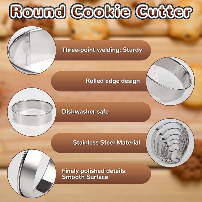 6Pcs Round Cookie Cutters Set (2, 3, 3.5, 4, 5, 6 Inch), Stainless Steel Biscuit Molds in Graduated Sizes, 1.2" Deep Circle Ring Cutters for Baking, Pastry, Donuts, Scones, Fondant, Sandwiches, Cake