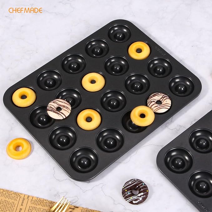 CHEFMADE Donut Pan, Nonstick 20 Cavity Mini Ring Doughnut Pan for Baking Donuts Bagels (Black)