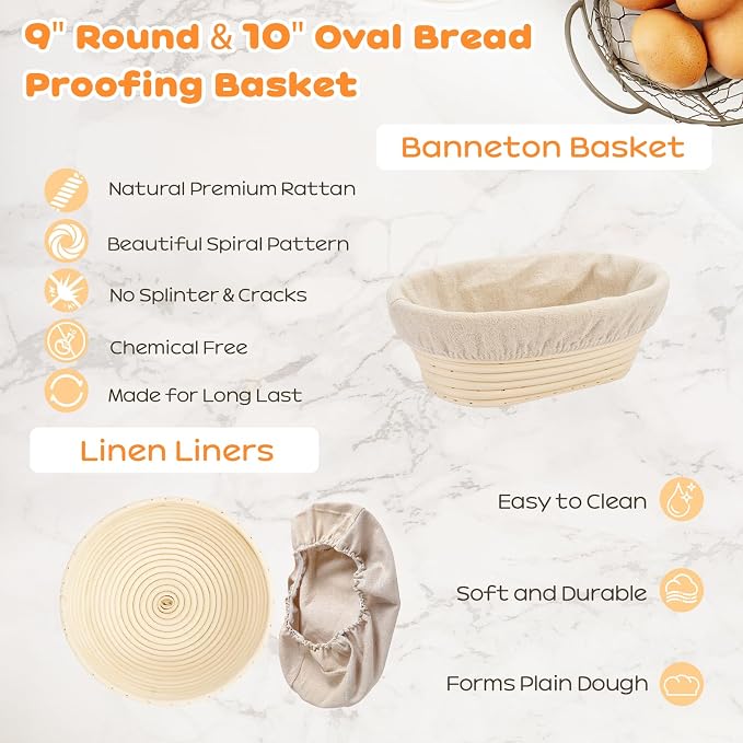 Sourdough Starter Kit, 9" Round & 10" Oval Banneton Bread Proofing Basket, Sourdough Bread Baking Supplies with Sourdough Starter Jar & Bread Slicer, Sour Dough Kit Gifts for People Who Love Baking