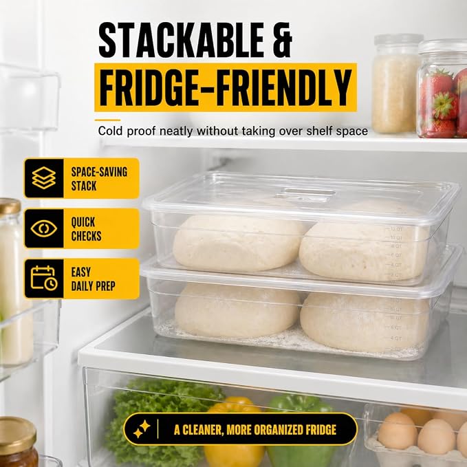 Sourdough Proofing Containers, 2 Pack 12QT Clear Dough Rising Boxes for Bread Baking, Fits Up to 6000 Grams of Dough,Stackable Bulk Fermentation Containers for Sourdough, Bread Dough & Pizza Dough
