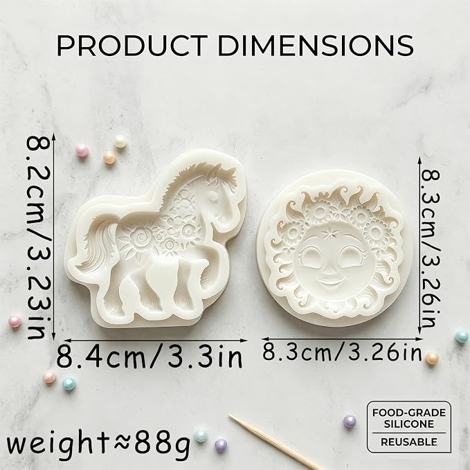 2Pcs Floral Horse Sun Face Silicone Fondant Molds, 3D Pony Sunflower Candy Molds for Cake Decorating Cupcake Toppers Chocolate Resin Soap Clay DIY Baking Sugarcraft Tools Birthday Party