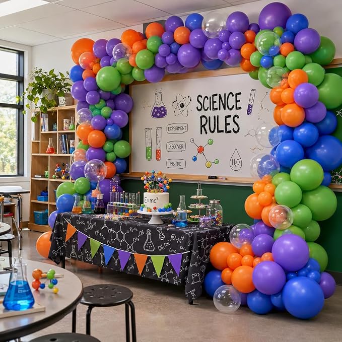 Science Balloon Arch Kit, 122Pcs Purple Dark Blue Green Orange Transparent Colorful Balloons for Boys Science Birthday Party Lab Scientist Lab Classroom Decorations