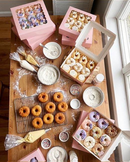 Bakepacker 240pcs Pink Pie Boxes 8"x 8"x 2.5" Easy Assemble Macaroon Cookie Boxes Bakery Boxes with Window for Bakery (Auto-pop Up)