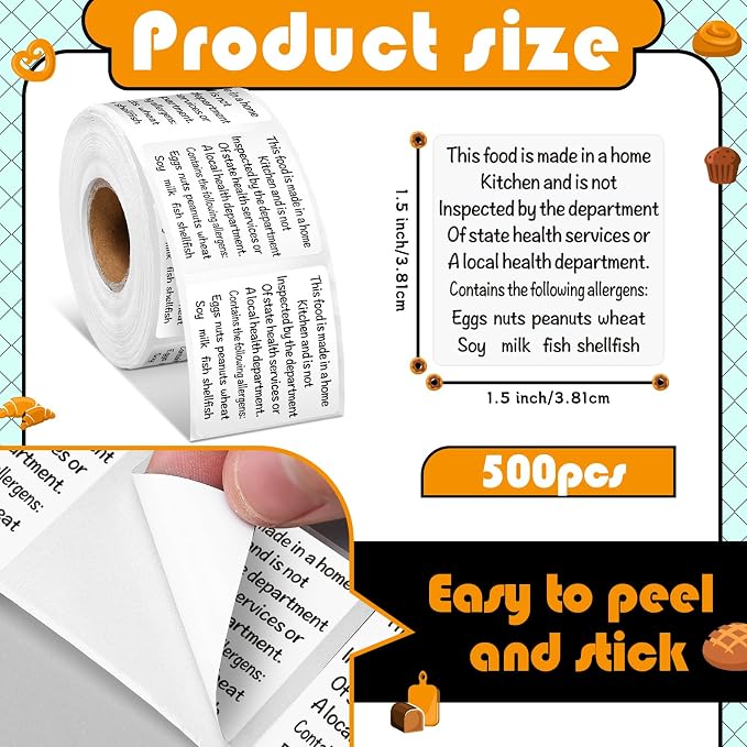 500 Count Cottage Food Law Labels Stickers Made in a Home Kitchen Decal 1.5” Square Food Thermal Printed Stickers with Allergen Warning for Home Kitchen Bakery Bread Sourdough