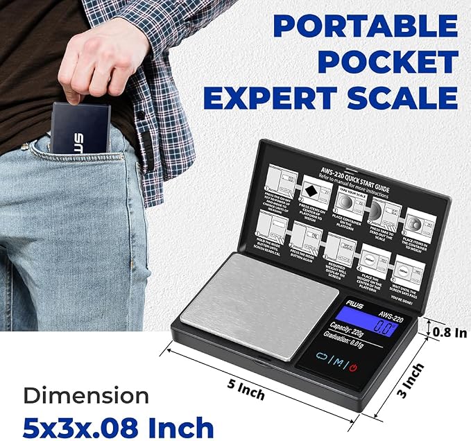 American Weigh Scales 220g x 0.01g Digital Pocket Weight Scale | Precision Digital Scale LCD Screen Accurately Measures Jewelry Gemstone Coins, Small Pocket Food Scale, Electronic Medicine Lab Scale