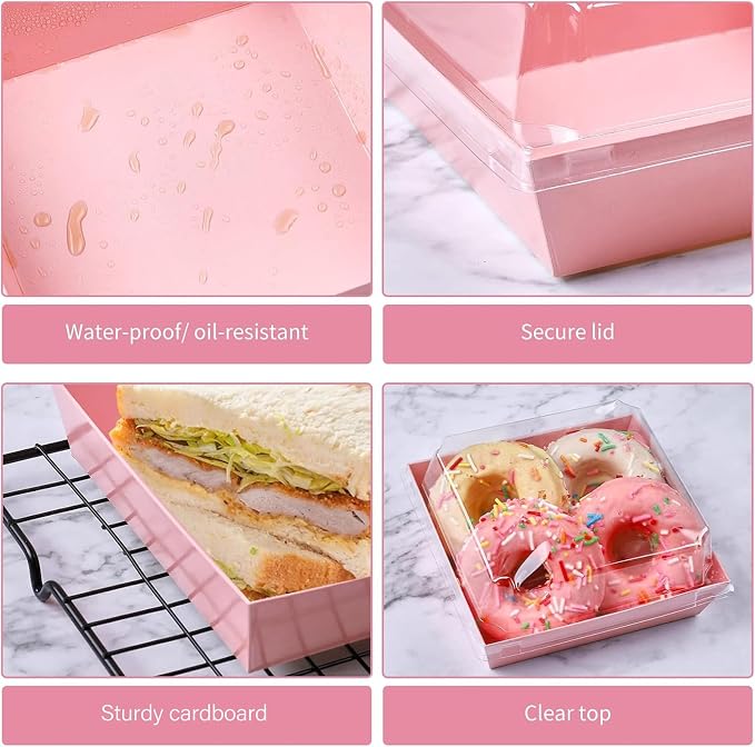 Ocmoiy Charcuterie Boxes with Clear Lids, 5 Inches, 100 Pack, Pink | To Go Paper Food Containers, Disposable Bakery Dessert Boxes, For Sandwich, Cookie, Pastry, Cake Slice
