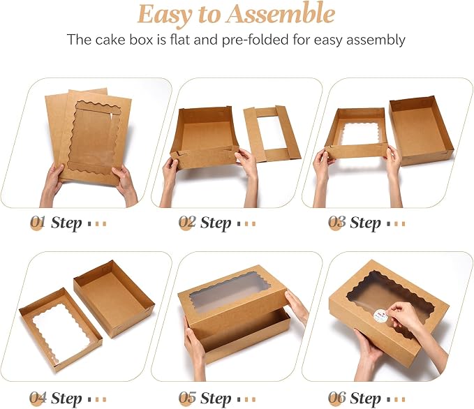 COTOPHER 14x10x4 In Sheet Cake Boxes, 16 Pcs Brown Bakery Boxes with Large Window (8 Boxes & 8 Boards), Cake Containers for Quarter Cakes, Donuts, Cupcakes, Brownie, Pastry & Pies Packaging