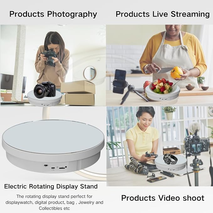 JAYEGT Motorized Rotating Display Stand, 12.6inch /44Lbs Load ,Real Mirror Cover ，360 Degree Electric Rotating Turntable ,Cup Display Turner Stand,Photography Products, Jewelry ,Tumbler -White