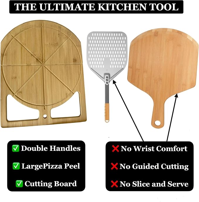 Wooden Pizza Peel & Round Cutting Board | Dual-Grip 2-in-1 Bamboo Pizza Paddle Board for Baking, Pizza Spatula & Large Cutting Board for Pizza | Pizza Turning Peel for Baking Accessories, 17” X 13.5”