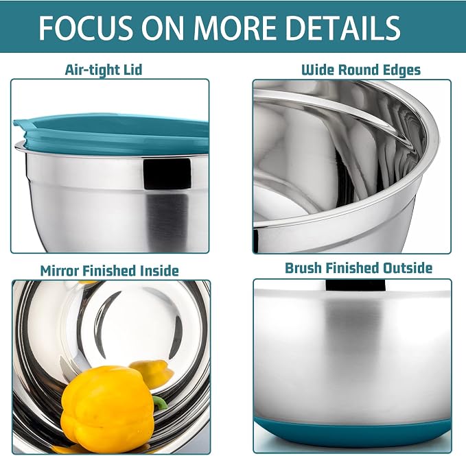 P&P CHEF Mixing Bowls With Lids, Set of 6, Stainless Steel Nesting Mixing Bowls & Fitting Lids & Non-Slip Silicone Bottom, Ideal for Mixing, Storing, Size 0.7/1/1.5/2.5/3/4.6 Qt, Blue