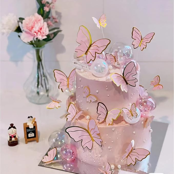 Pink Butterfly Cake Toppers, 11pcs Cupcake Toppers Happy Birthday Metal Gold Topper for Girls Women's Party Decorations