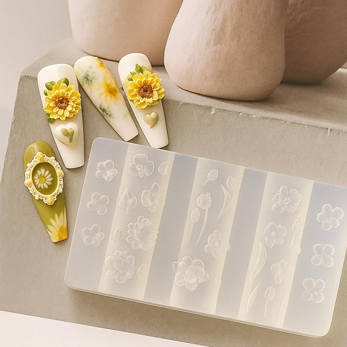 3Pcs Flower Nail Art Silicone Molds, 3D Floral Charms Kit, Daisy Sunflower Tulip for UV Gel Acrylic DIY Craft Supplies