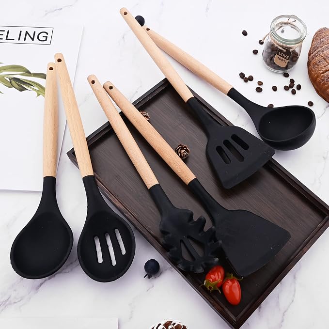 Silicone Black Kitchen Utensil Set with Holder, 12 Pcs Spatula Set for Cooking, Heat Resistant Kitchen Tools Spoon Turner Whisk for Cookware.