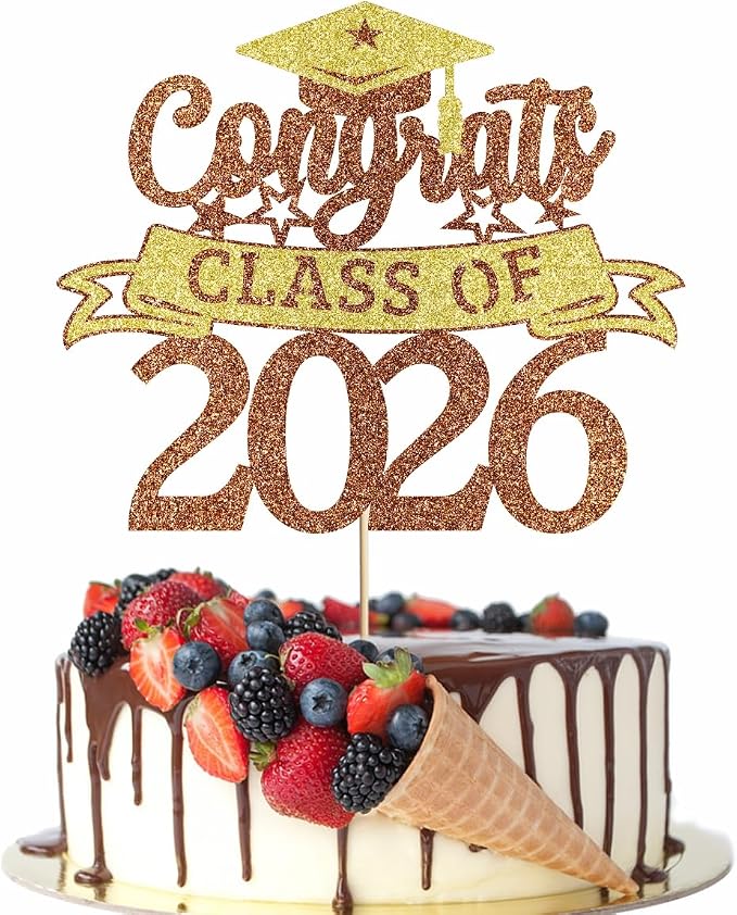 Glitter Class of 2026 Cake Topper，Congrats Grad Decorations， 2026 Happy Graduation High School/College/University Graduation Party Supplies Brown and Gold