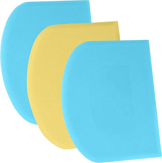 SURDOCA Dough Scraper Bench Scraper - 3P 9.5x6.1" Plastic Flexible Bowl Scraper, Sharp Edge & Angles Cake Scraper. Non-Slip Bakeware Decorating Tools Sculpting & Modeling Tools - Blue+Yellow+Blue