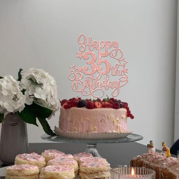 1 PCS Happy 35th Birthday Cake Topper Glitter Cheers to 35 Years Birthday Cake Pick Hello 35 Fabulous Cake Decoration for Happy 35th Birthday Anniversary Party Decorations Supplies Rose Gold