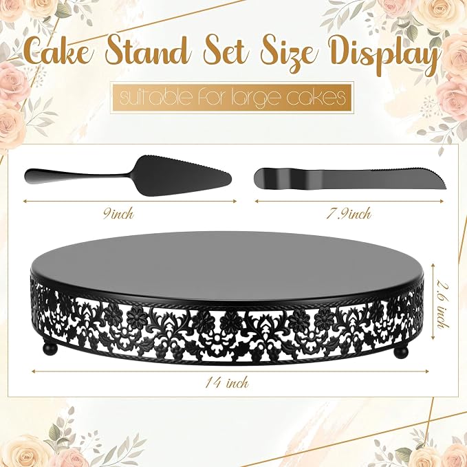 Wenqik 14 Inch Black Cake Stand Set Metal Round Cupcake Dessert Stand with Cake Cutting, Flower Spatula Wedding Cupcake Pastry Display Candy Holder Display for Wedding Party Birthday Baby Shower