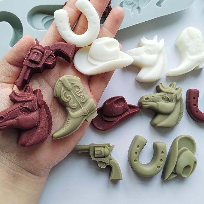 2 Pack Cowboy Chocolate Molds, Western Themed Silicone Fondant Jelly Cupcake Cake Decoration Molds, Unique Cowboy Hat Boot Horse Shape Candle Soap Wax Epoxy Resin Mold for Crafts Baking Tool
