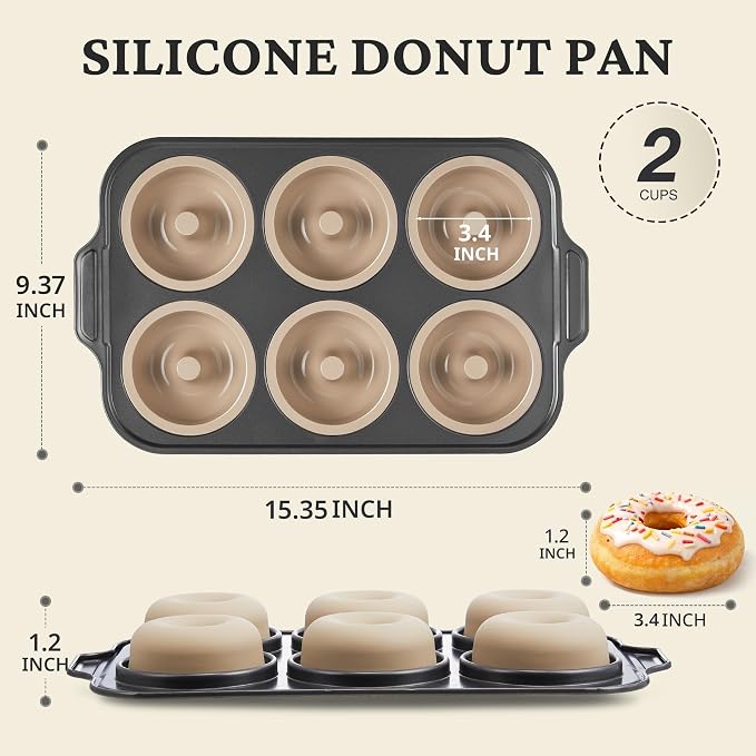 BRONYPRO 2 Pack Silicone Donut Pan for Baking with Metal Reinforced Frame, 6-Cavity Nonstick Doughnut Mold, Large Donut Size, Food-Grade Bakeware, Oven Dishwasher Freezer Safe, Gray
