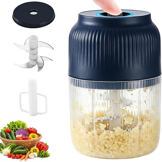 Portable Cordless Electric Garlic Chopper, 400ML Mini Rechargeable Food Processor with 6 Stainless Steel Blades, Small Vegetable Onion Mincer for Salad Fruit Baby Food Prep (Blue)