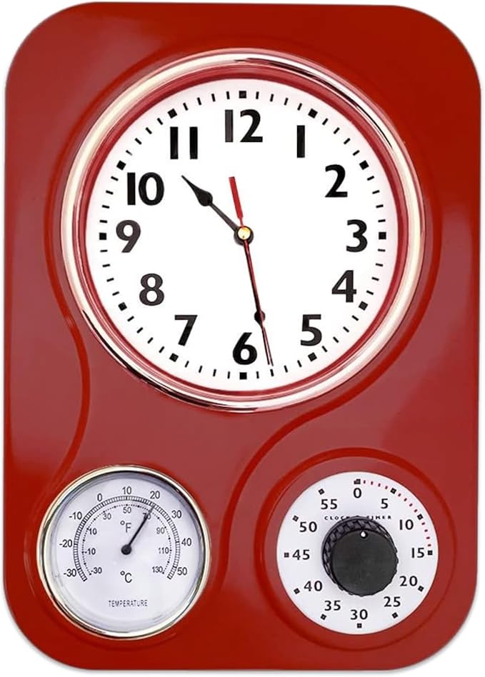 Lily's Home -9 Inch x 12.5 Inch -Retro Kitchen Wall Clock, Vintage Wall Clock with a Thermometer and 60-Minute Timer, Ideal for Any Kitchen, Office, or Diner (Retro Red)