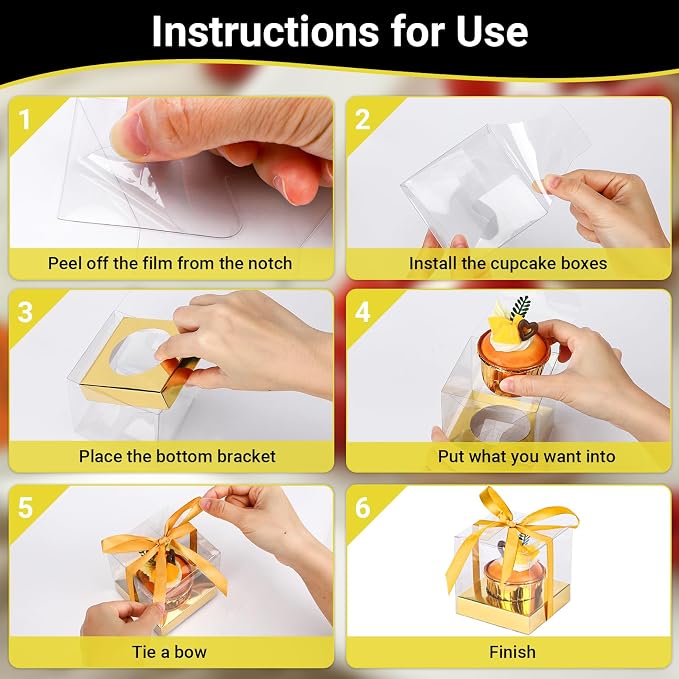 EUSOAR Individual Cupcake Wrappers, 24pcs 3.5 Inch Plastic Gold Cupcake Carrier with Ribbon and Inserts, Single Transparent Cupcake Holder Cake Containers with Lids for Wedding Birthday Party Favor