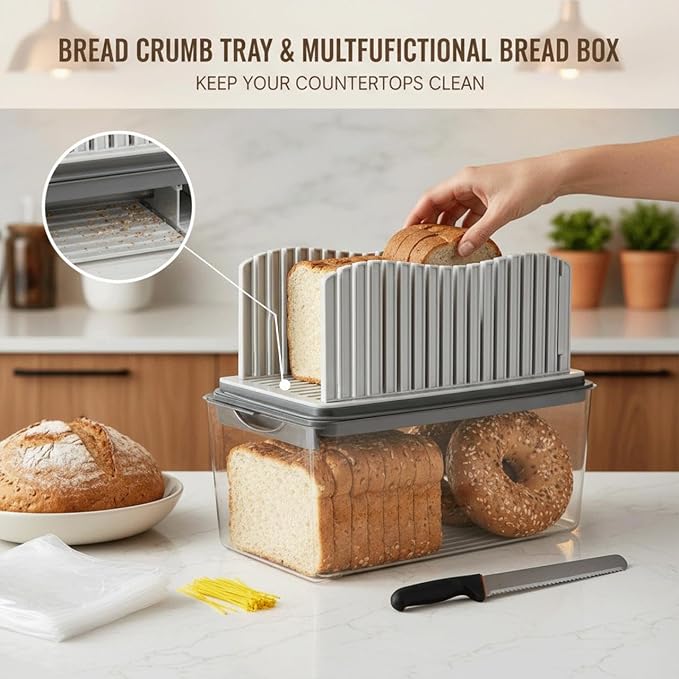 Bread Slicer for Homemade Bread, Foldable Manual Bread Slicer with Crumb Tray & Adjustable Slicing Guide, Professional Free Bread Cutter for Sourdough, Sandwich Bread, & Cakes, Compact Kitchen
