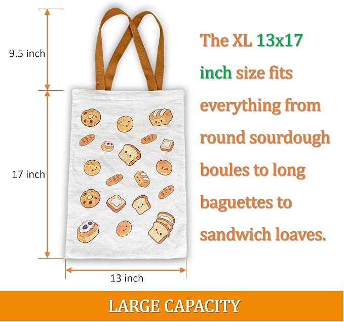 Linen Bread Bags for Homemade Sourdough Bread, Reusable 2-Pack XL 13x17 Inch Food-Safe Storage for Bakery Loaf, Breathable Fabric Keeps Bread Fresh Longer, No Plastic Lining Zipper Closure with Handle