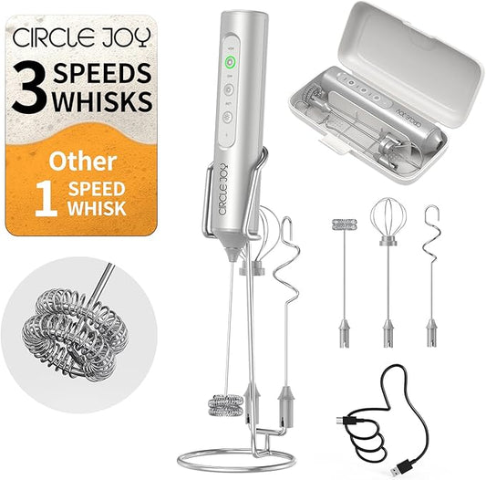 CIRCLE JOY Rechargeable Handheld Milk Frother Wand with Stand, 3 Variable Speeds, 3 Whisks and Storage Box, Electric Drink Mixer for Latte, Cappuccino, Hot Chocolate, Eggs and Protein Powder, Silver