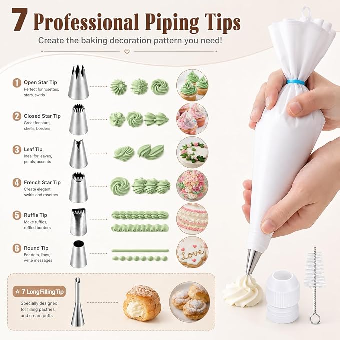 10-Piece Reusable Piping Bags and Tips Set-Cotton Baking Kit with Coupler,16inch Pastry Bags,Stainless Steel Nozzles & Cleaner for Cakes/Cupcakes/Cookies Decorating (10 Pcs)