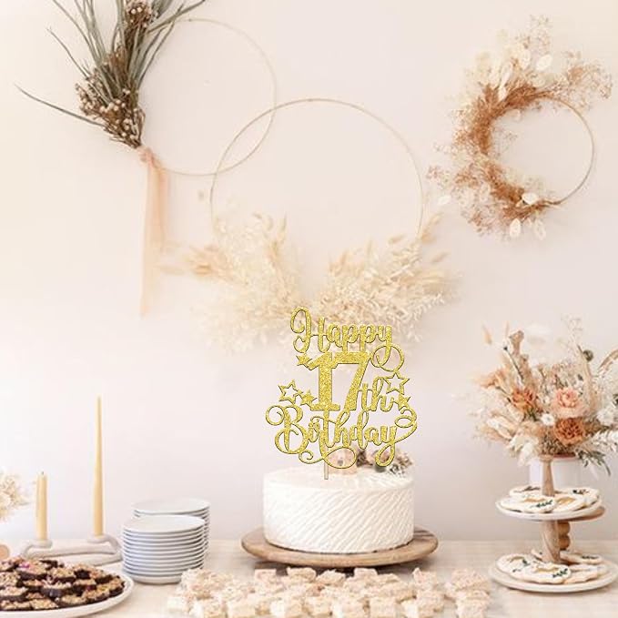 1 PCS Happy 17th Birthday Cake Topper Glitter Cheers to 17 Years Birthday Cake Pick Hello 17 Fabulous Cake Decoration for Happy 17th Birthday Anniversary Party Decorations Supplies Gold
