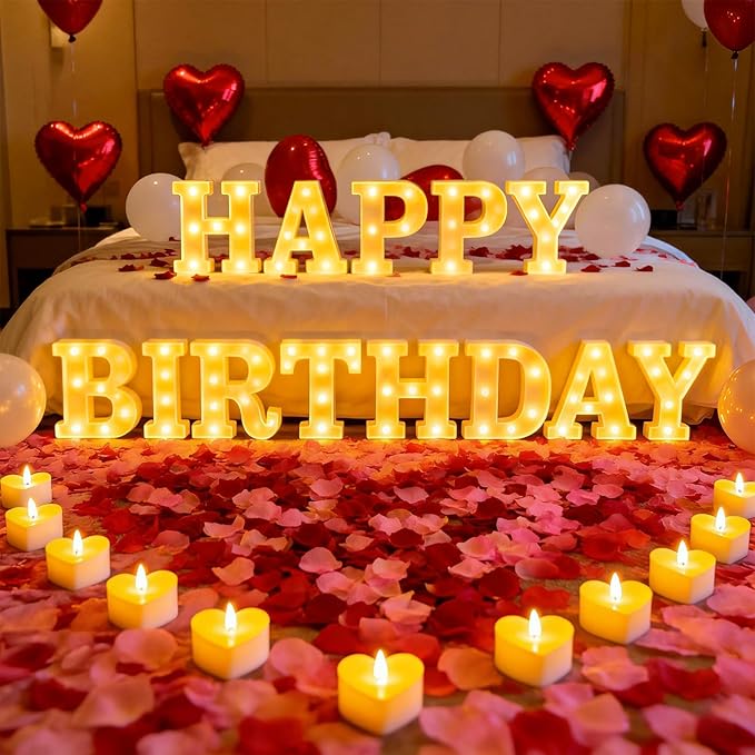 Happy Birthday Light up Letters, Include Tea Lights Candles, Latex Balloons, Aluminum Balloons and Rose Petals, Special Festival, Surprise Gifts for Women and Men