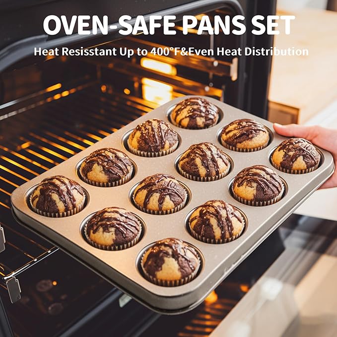 Terlulu 10-Piece Baking Pans Set, Bakeware Sets Nonstick, Baking Set for Oven Cooking, Stackable Carbon Steel Pans Include Cookie Sheets, Muffin Pan, Cake Pan, Pizza Pan, Loaf Pan, Roasting Pan, Gold