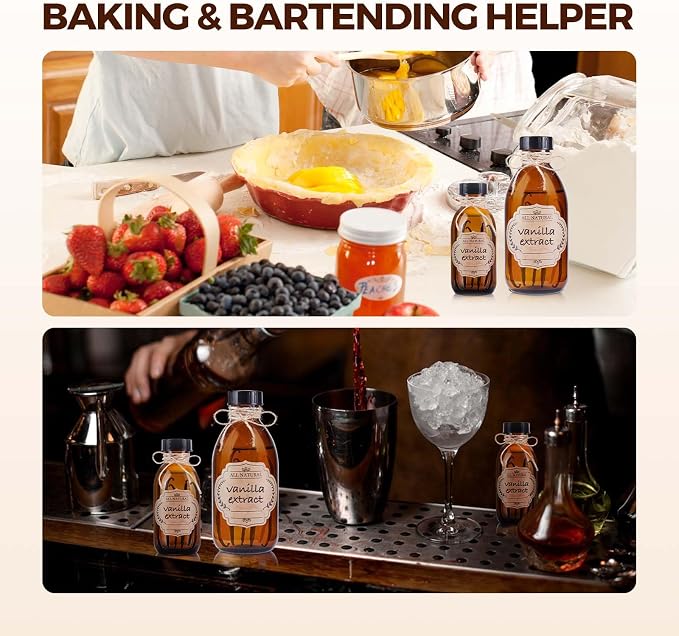 12 Pack, 8 OZ Amber Glass Bottles with Caps Leakproof Refilllable Empty Brown Boston Sample Dispensing Bottles for Homemade Vanilla Extract, Essential Oils, Potion, Juice, Ginger Shots, Liquids