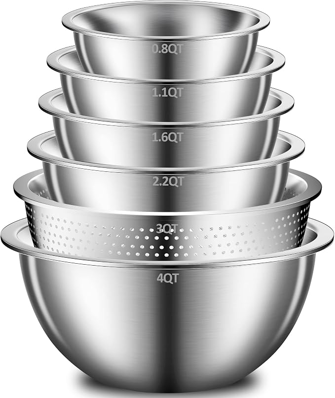 DUTZUN Stainless Steel Mixing Bowls with Colander for Baking, Prep, Cooking | Kitchen Appliances - Metal Mixing Bowl Set of 5 (4, 2.2, 1.6, 1.2 & 0.8 QT) plus 3 QT Strainer