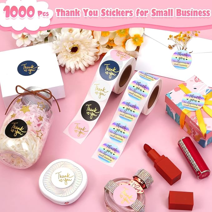 1000Pcs 1.5Inch Thank You Stickers, Holographic Thank You for Supporting My Small Business Stickers Thank You for Your Order Stickers Labels Packing Supplies for Baking Envelopes Gift Wraps Crafts