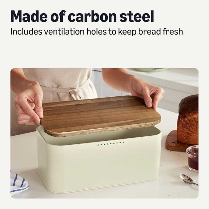 Amazon Basics Carbon Steel Bread Box with Acacia Wood Lid, Lid Doubles as Cutting Board, 11.9 x 7.1 x 5.2 in