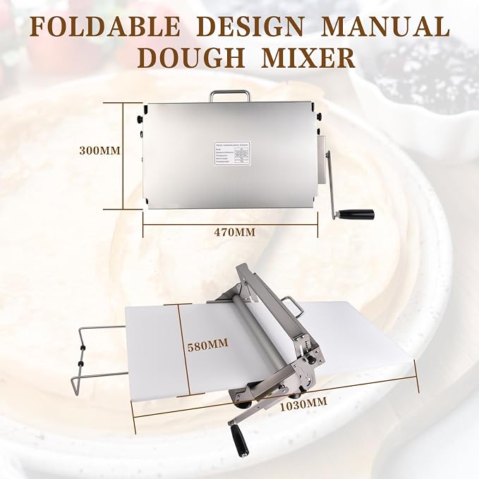 40.9''x15.5" Manual Dough Sheeter with Stainless Steel Roller Foldable Design, Adjustable Thickness Dough Roller Machine for Croissants, Pizza, Pastry, Pie Crust and Baking