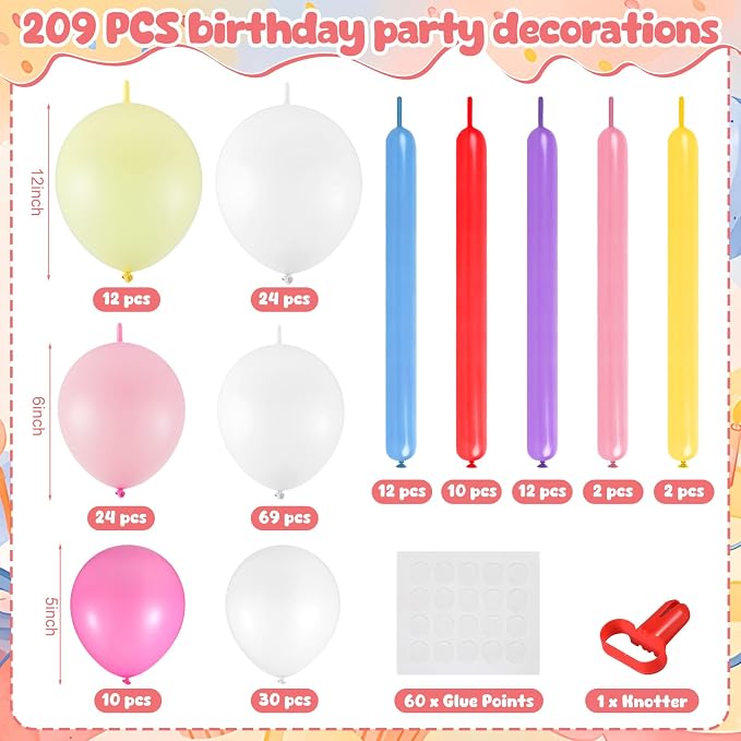 209 Pcs Colorful Birthday Cake Balloon Set Pastel Balloon Kit Macaron Pink White Yellow Rose Red Blue Purple Balloons for Birthday Baby Shower Wedding Anniversary Party Decorations Supplies