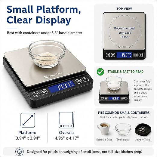KitchenTour Mini Gram Scale for Coffee, Jewelry and Small Items, 500g x 0.01g Digital Pocket Scale with Tare, 6 Units, Back-Lit LCD, 2 Trays, Black