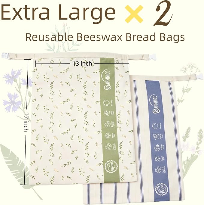 Reusable Beeswax Bread Bags, Bees Wax Lined Cotton Linen Bags for Sourdough & Homemade Bread Storage, Freezer Safe & Airtight to Keep Fresh, 2 Pack 17x13 Inch