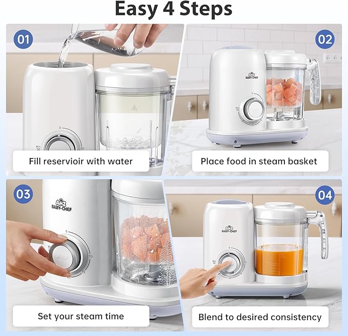 AMZBABYCHEF Baby Food Maker, 4 in 1 Baby Food Processor and Steamer, Puree Blender, Multifunctional Baby Puree Maker, Dishwasher Safe (White)