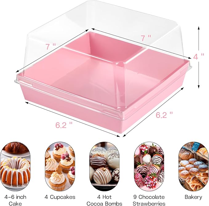 ZORRITA Paper Cake Boxes with Clear Lids, 7" x 7" x 4", 40 Pack, Pink | Disposable, Square Food Containers, For 4-6 Inch Cake, Dessert, Pie, Cupcake, Bakery, Charcuterie