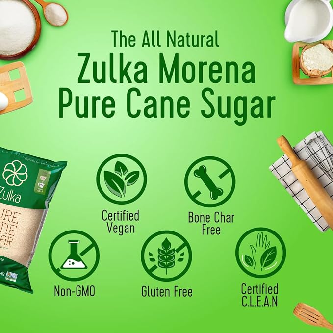 Zulka Pure Cane Sugar, 2 Lb - All-Natural, Non-GMO, Certified Vegan, Bone-Char Free & Kosher Pareve